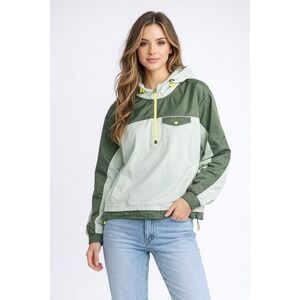 NEW Athleta Zion Micro Fleece 1/2 Zip Hoodie Olive Green Colorblock Pullover L